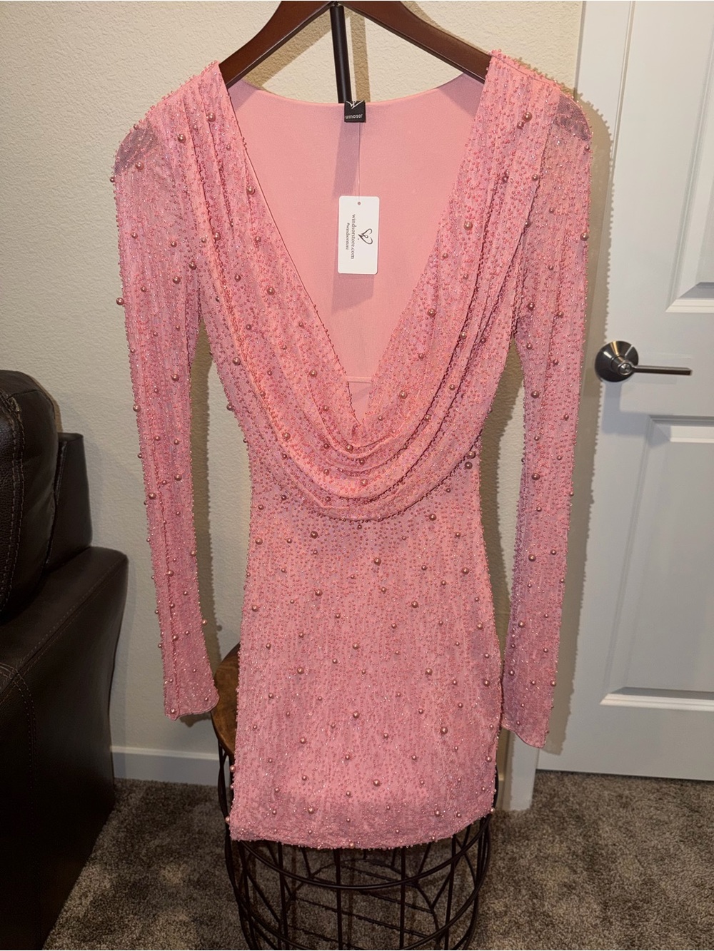 Brand New Windsor Long Sleeve Faux Pearl Beaded Mini Dress Size Small